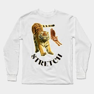 Stretch exercise by a tiger and a cat - black text Long Sleeve T-Shirt